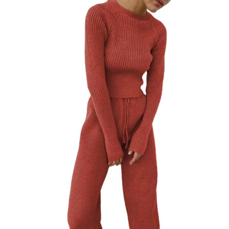 Winter Knit Crop Top And Wide Leg Pants Two Piece Clothing 2 Piece Set Women Knit Ladi Sweater Suit Women's sweaters