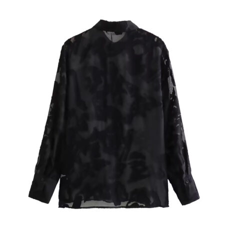 Black color floral pattern long sleeve turn down collar casual fashion tops for women